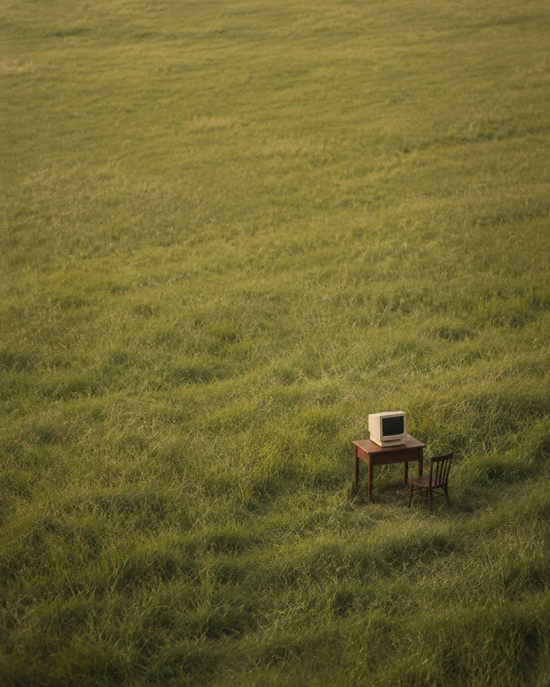 An empty chair and a computer resting in a quiet meadow.
